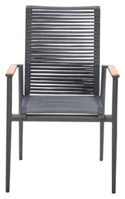 Moderner Sessel mit Metallrahmen und Holzarmlehnen, Vorderansicht