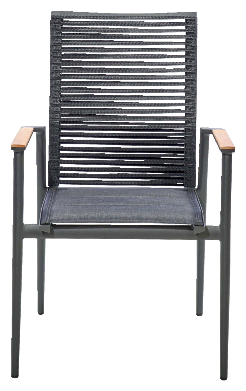 Moderner Sessel mit Metallrahmen und Holzarmlehnen, Vorderansicht