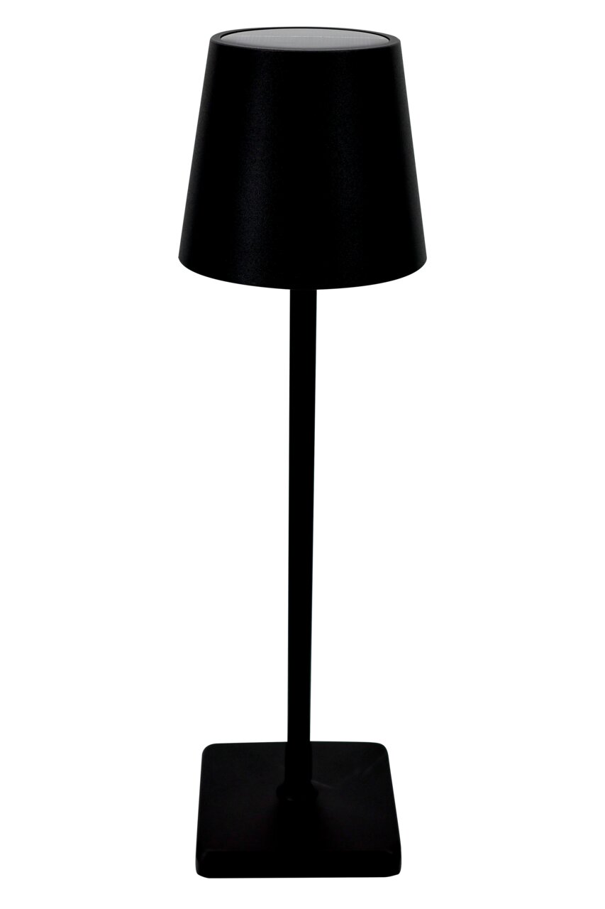 Schwarze Solarleuchte mit modernem Design, frontal abgebildet.