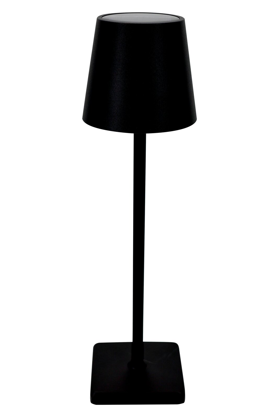 Schwarze Solarleuchte mit modernem Design, frontal abgebildet.