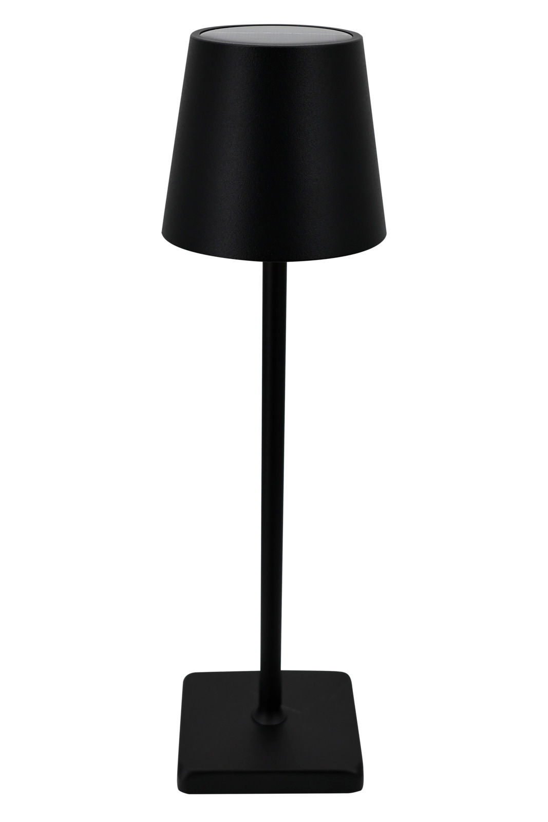 Schwarze Solarleuchte mit modernem Design, frontal abgebildet.