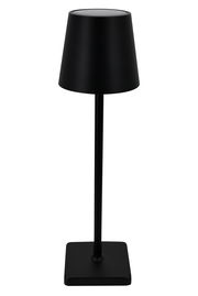 Schwarze Solarleuchte mit modernem Design, frontal abgebildet.