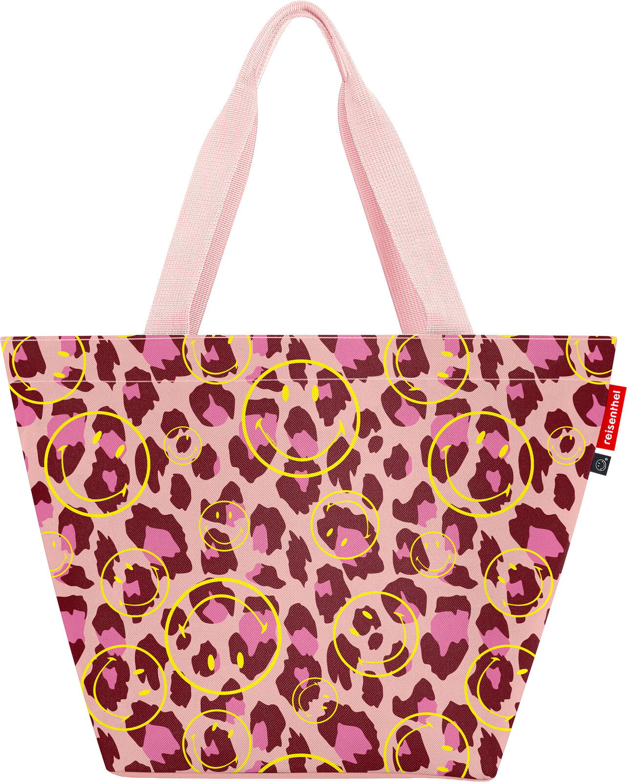 Rosa Shopper-Tasche mit Leopardenmuster und gelben Smiley-Kreisen, breite Tragehenkel, Frontansicht vor weißem Hintergrund