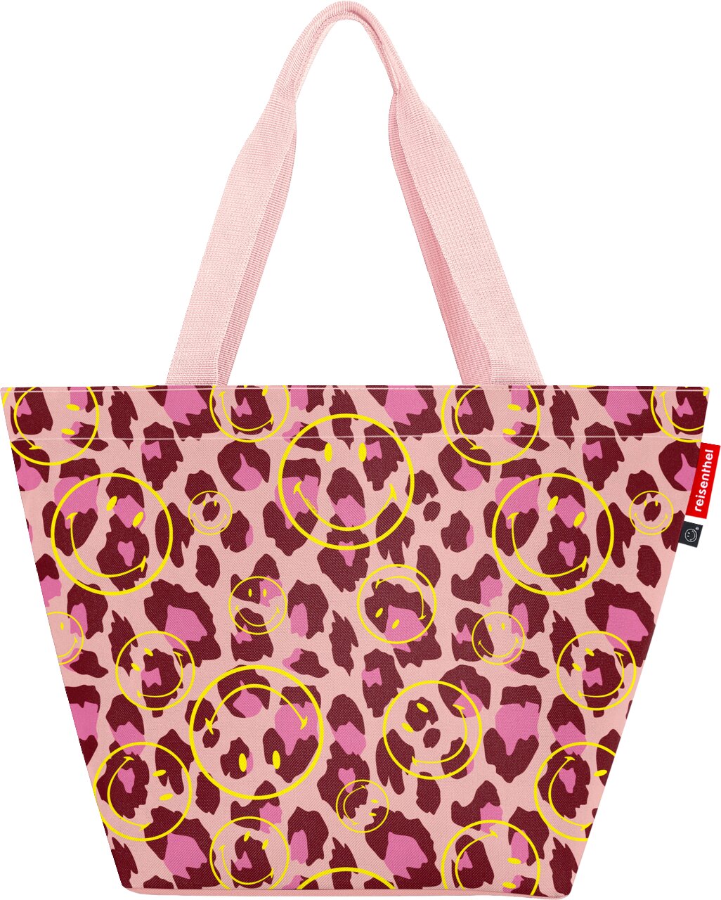Rosa Shopper-Tasche mit Leopardenmuster und gelben Smiley-Kreisen, breite Tragehenkel, Frontansicht vor weißem Hintergrund