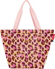 Rosa Shopper-Tasche mit Leopardenmuster und gelben Smiley-Kreisen, breite Tragehenkel, Frontansicht vor weißem Hintergrund