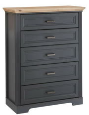 Schubkastenkommode mit fünf Schubladen, grauer Korpus und Holzplatte, Frontalansicht