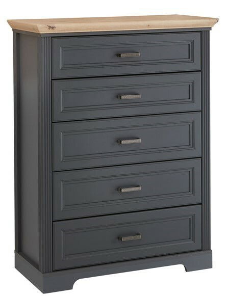Schubkastenkommode mit fünf Schubladen, grauer Korpus und Holzplatte, Frontalansicht