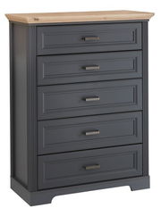 Schubkastenkommode mit fünf Schubladen, grauer Korpus und Holzplatte, Frontalansicht