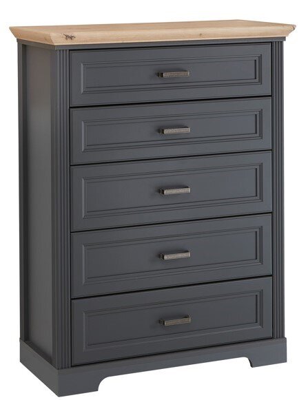 Schubkastenkommode mit fünf Schubladen, grauer Korpus und Holzplatte, Frontalansicht