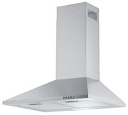 Silberne Dunstabzugshaube in Frontalansicht mit modernem Design und Bedienelementen an der Vorderseite.