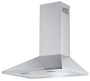 Silberne Dunstabzugshaube in Frontalansicht mit modernem Design und Bedienelementen an der Vorderseite.