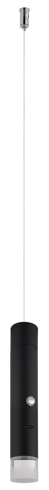 Moderne schwarze Hängeleuchte in zylindrischer Form, seitliche Perspektive
