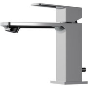 Moderner Waschtisch-Einhebelmischer in seitlicher Perspektive, glänzende Chromoberfläche, minimalistisches Design.