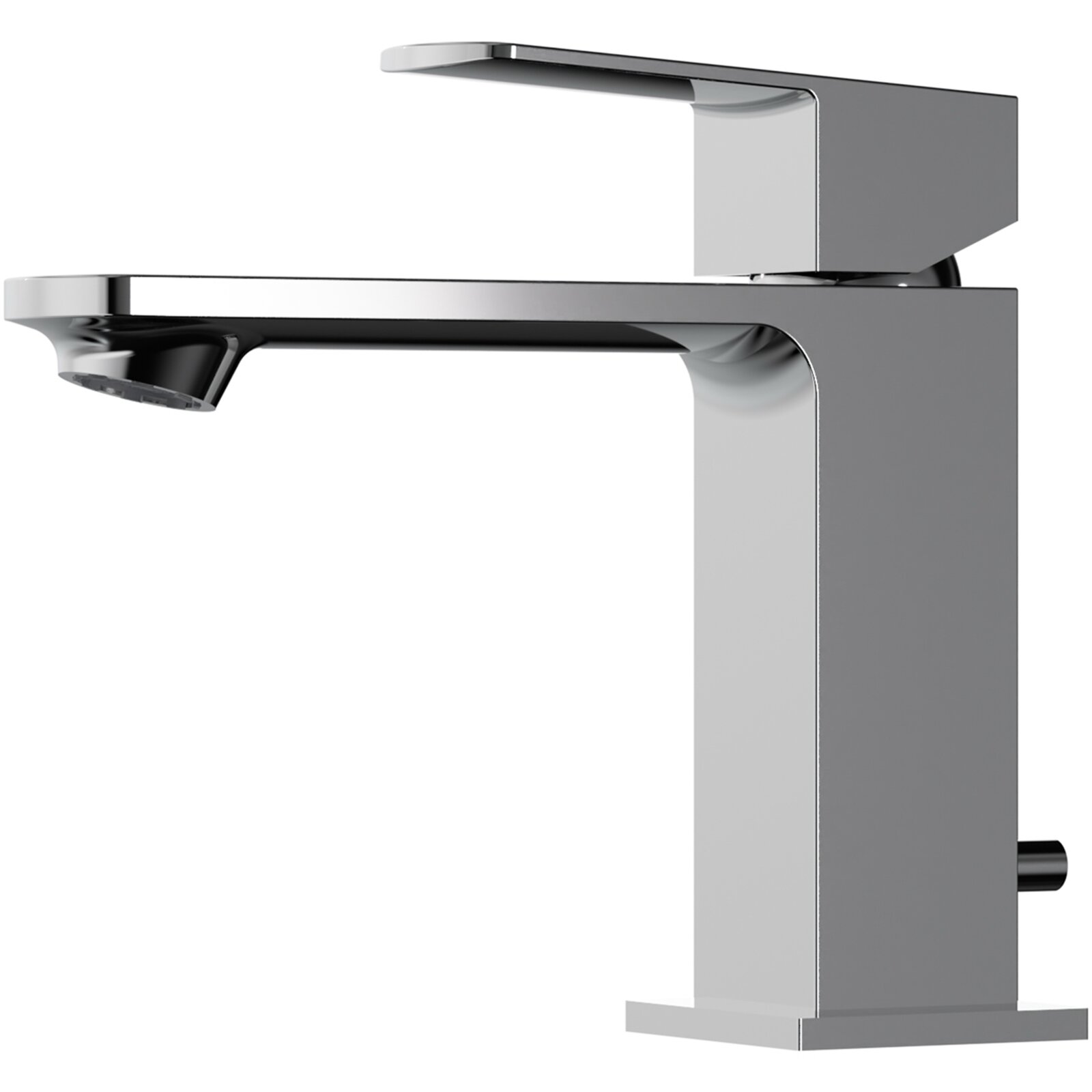 Moderner Waschtisch-Einhebelmischer in seitlicher Perspektive, glänzende Chromoberfläche, minimalistisches Design.