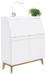 Weißer Sekretär mit schräger Frontansicht, darauf eine Tischlampe, ein Wecker und eine grüne Pflanze.