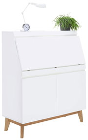 Weißer Sekretär mit schräger Frontansicht, darauf eine Tischlampe, ein Wecker und eine grüne Pflanze.