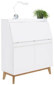 Weißer Sekretär mit schräger Frontansicht, darauf eine Tischlampe, ein Wecker und eine grüne Pflanze.