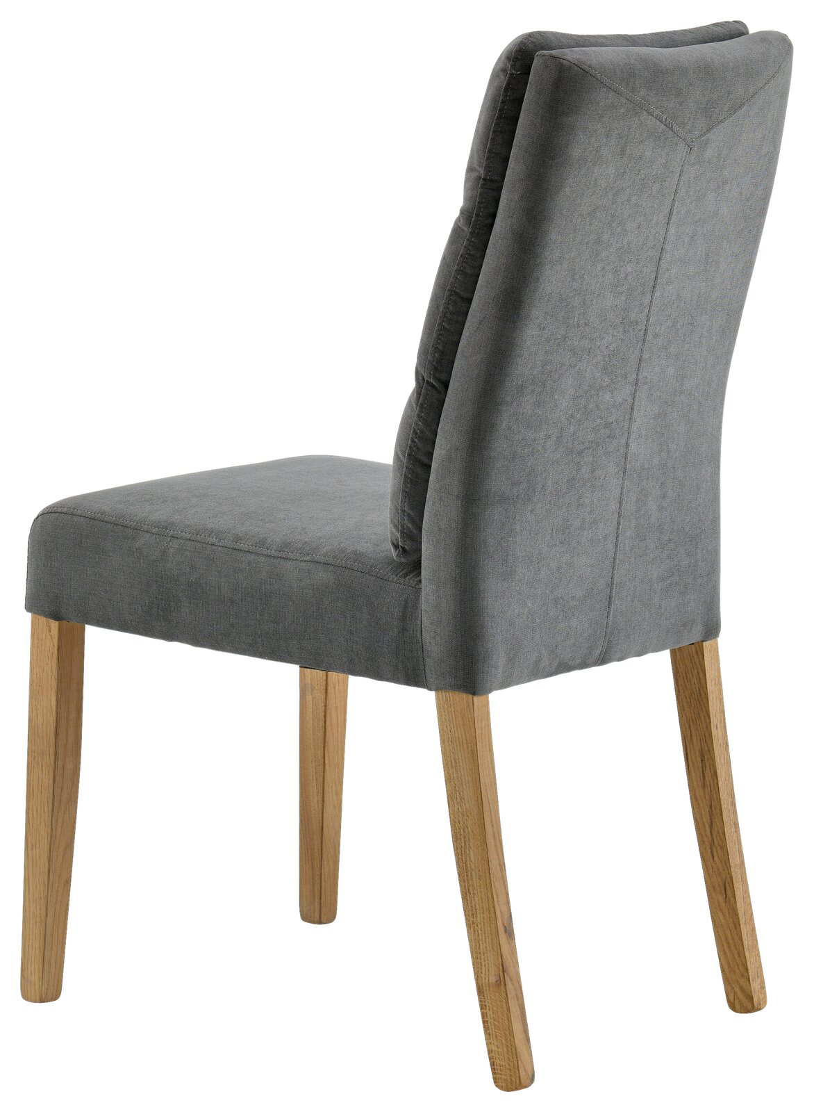 Grauer Stuhl mit Holzbeinen, seitliche Perspektive