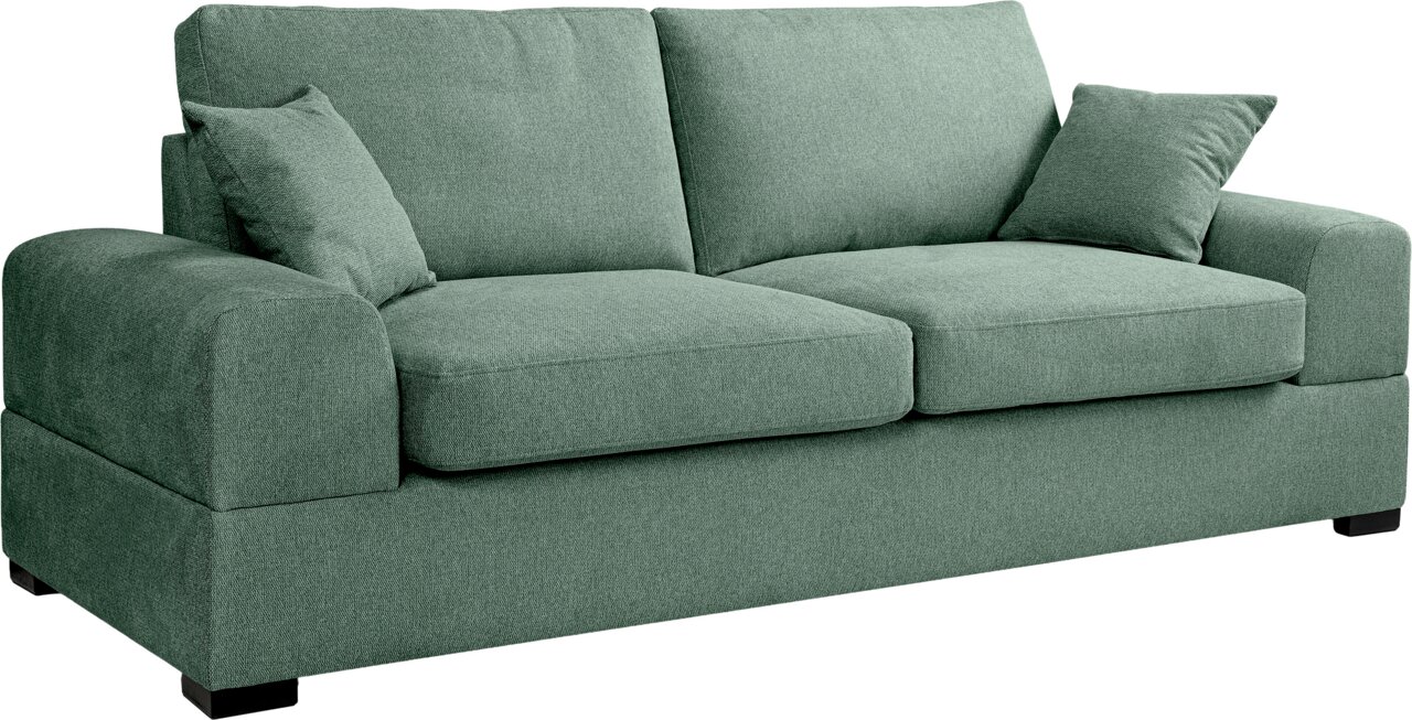 Grünes 2-Sitzer-Stoffsofa mit breiten Armlehnen, zwei Sitz- und Rückenkissen sowie zwei Zierkissen, freigestellt auf weißem Hintergrund, in schräger Frontansicht von links