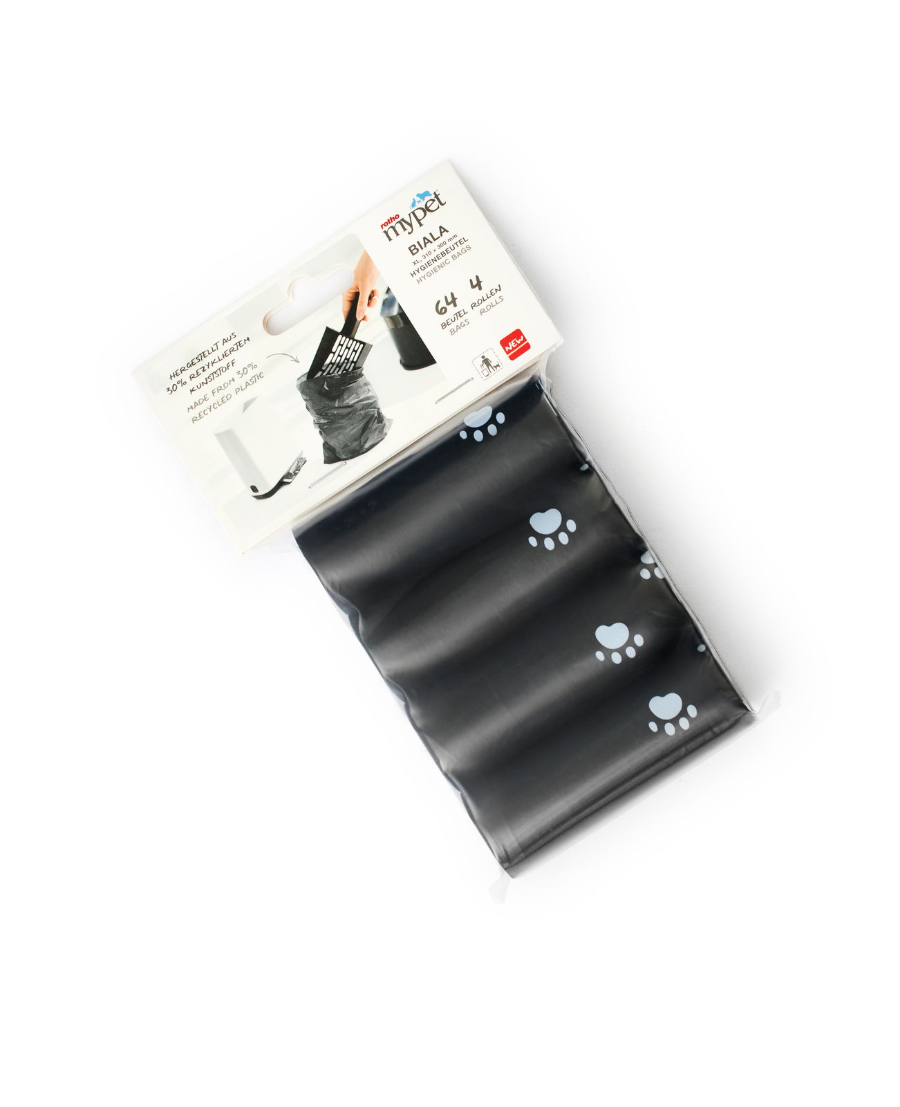 rotho Hygienebeutel-Set 4-tlg. BIALA Hygienebeutel-Set mit vier Rollen, schwarze Beutel mit Pfotenmuster, Verpackung zeigt Hand, die Beutel in Mülleimer legt, Perspektive von oben