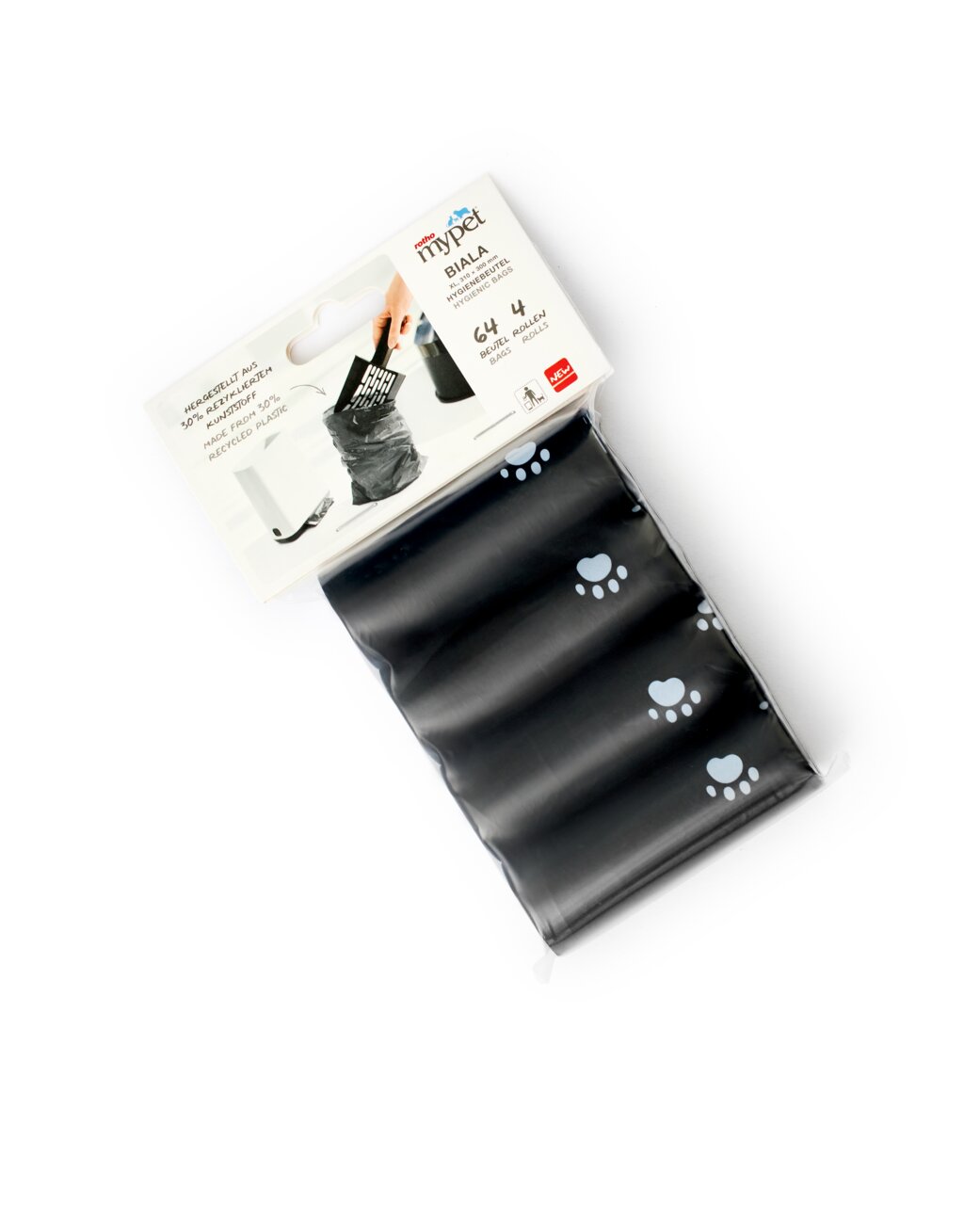 Hygienebeutel-Set mit vier Rollen, schwarze Beutel mit Pfotenmuster, Verpackung zeigt Hand, die Beutel in Mülleimer legt, Perspektive von oben