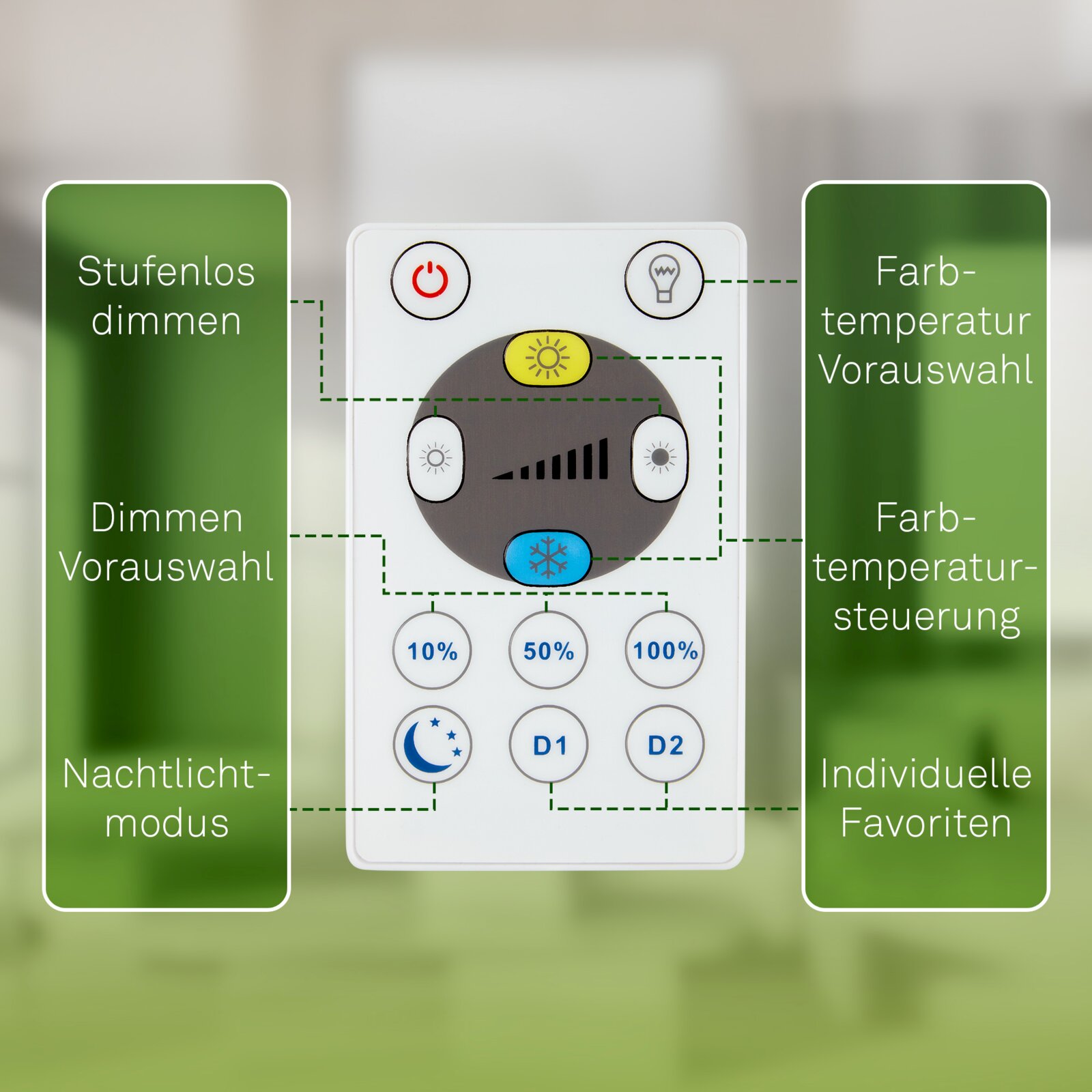 Weiße Fernbedienung zur Lichtsteuerung mit Tasten für stufenloses Dimmen, Farbtemperatur-Vorauswahl, Nachtlichtmodus und Favoriten, frontal aus der Vorderansicht vor unscharfem Hintergrund