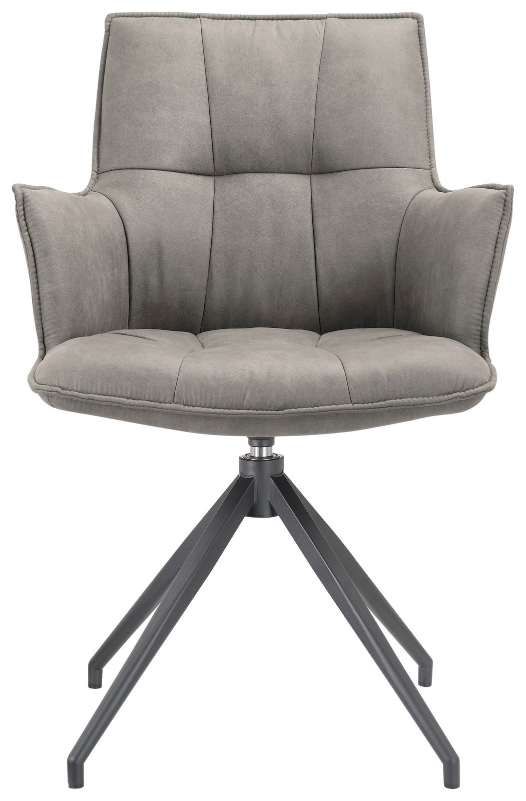 Grauer Sessel mit gepolsterter Sitzfläche und Rückenlehne, auf einem schwarzen Metallgestell mit vier Beinen, Frontalansicht.