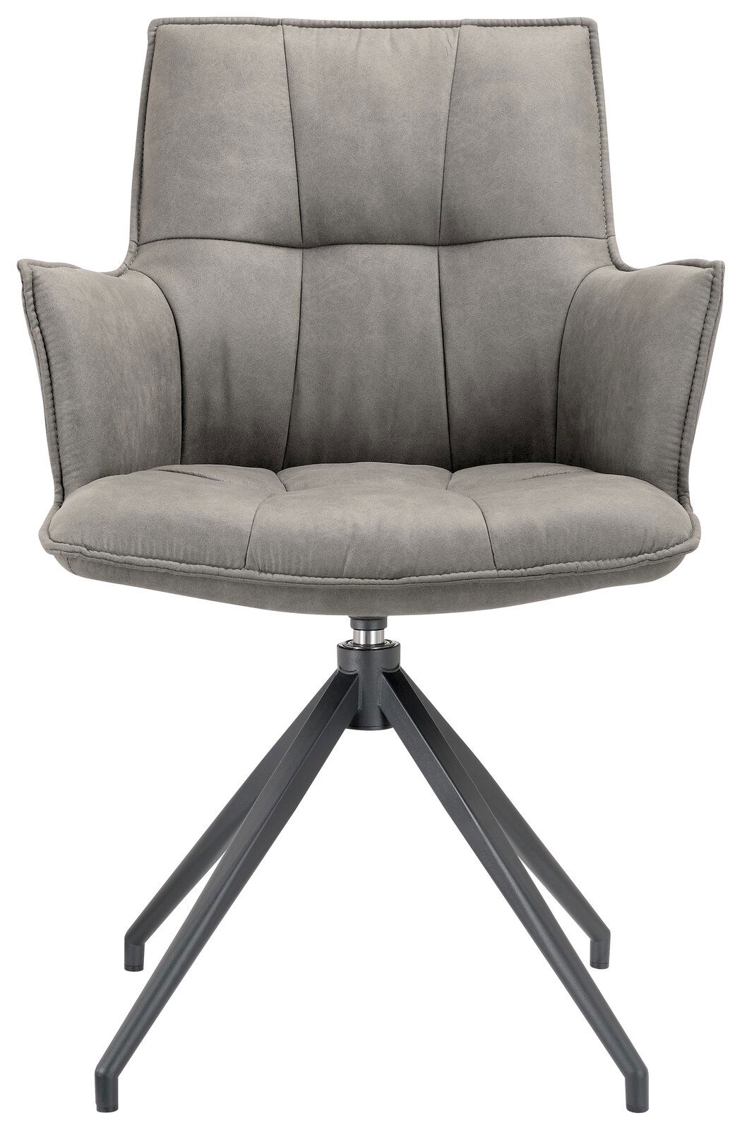 Grauer Sessel mit gepolsterter Sitzfläche und Rückenlehne, auf einem schwarzen Metallgestell mit vier Beinen, Frontalansicht.