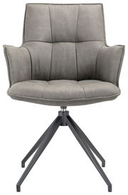 Grauer Sessel mit gepolsterter Sitzfläche und Rückenlehne, auf einem schwarzen Metallgestell mit vier Beinen, Frontalansicht.