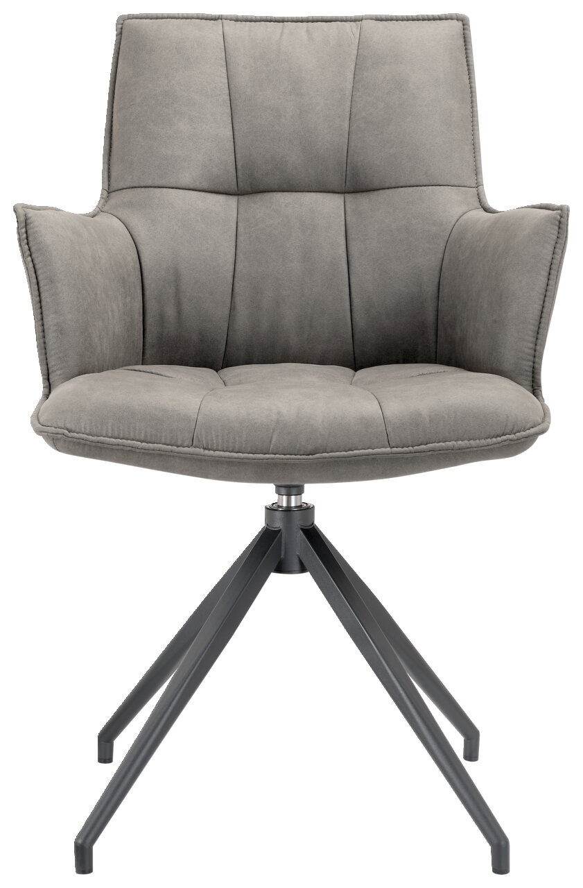 Grauer Sessel mit gepolsterter Sitzfläche und Rückenlehne, auf einem schwarzen Metallgestell mit vier Beinen, Frontalansicht.