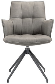 Grauer Sessel mit gepolsterter Sitzfläche und Rückenlehne, auf einem schwarzen Metallgestell mit vier Beinen, Frontalansicht.