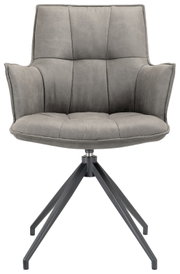 Grijze fauteuil met gestoffeerde zitting en rugleuning, op een zwart metalen onderstel met vier poten, vooraanzicht.