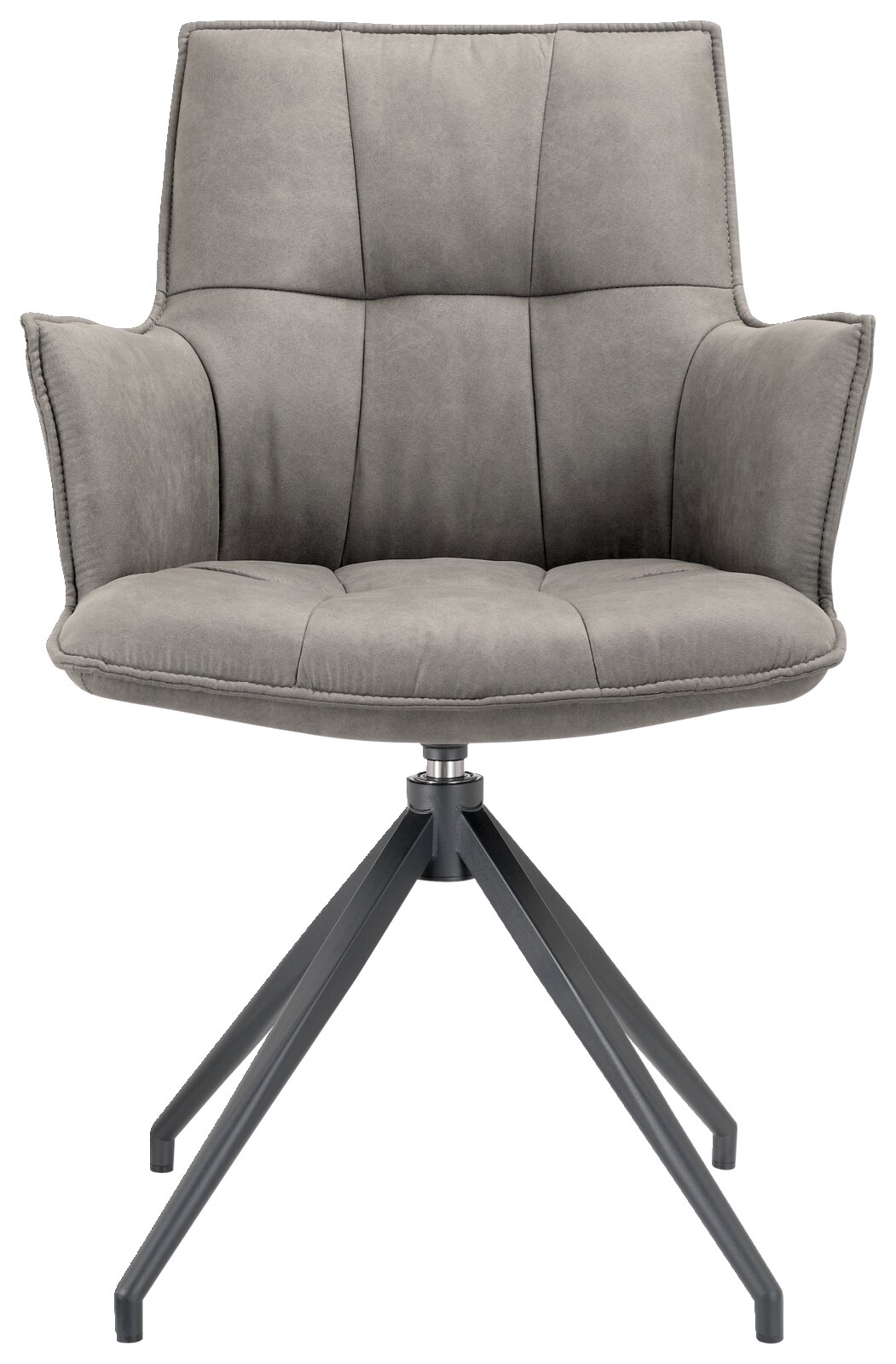 Grijze fauteuil met gestoffeerde zitting en rugleuning, op een zwart metalen onderstel met vier poten, vooraanzicht.