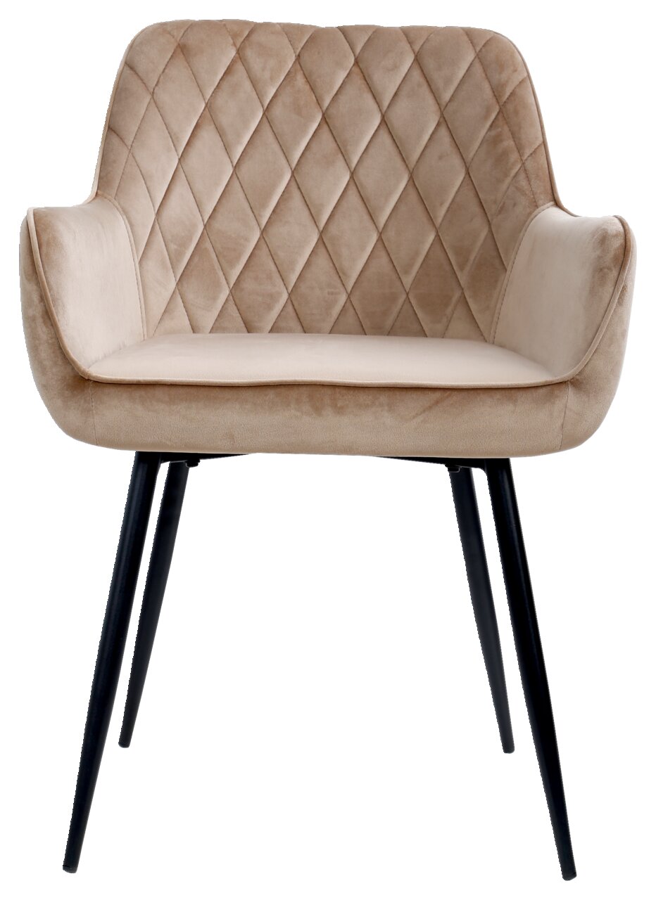 Vooraanzicht van een elegante fauteuil met doorgestikte, beige bekleding en zwarte metalen poten.
