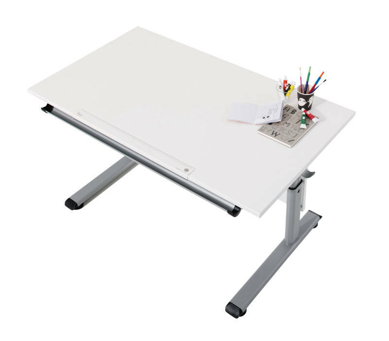 Moderner weißer Schreibtisch mit höhenverstellbaren Beinen, von oben fotografiert, mit Schreibutensilien und Notizbuch.