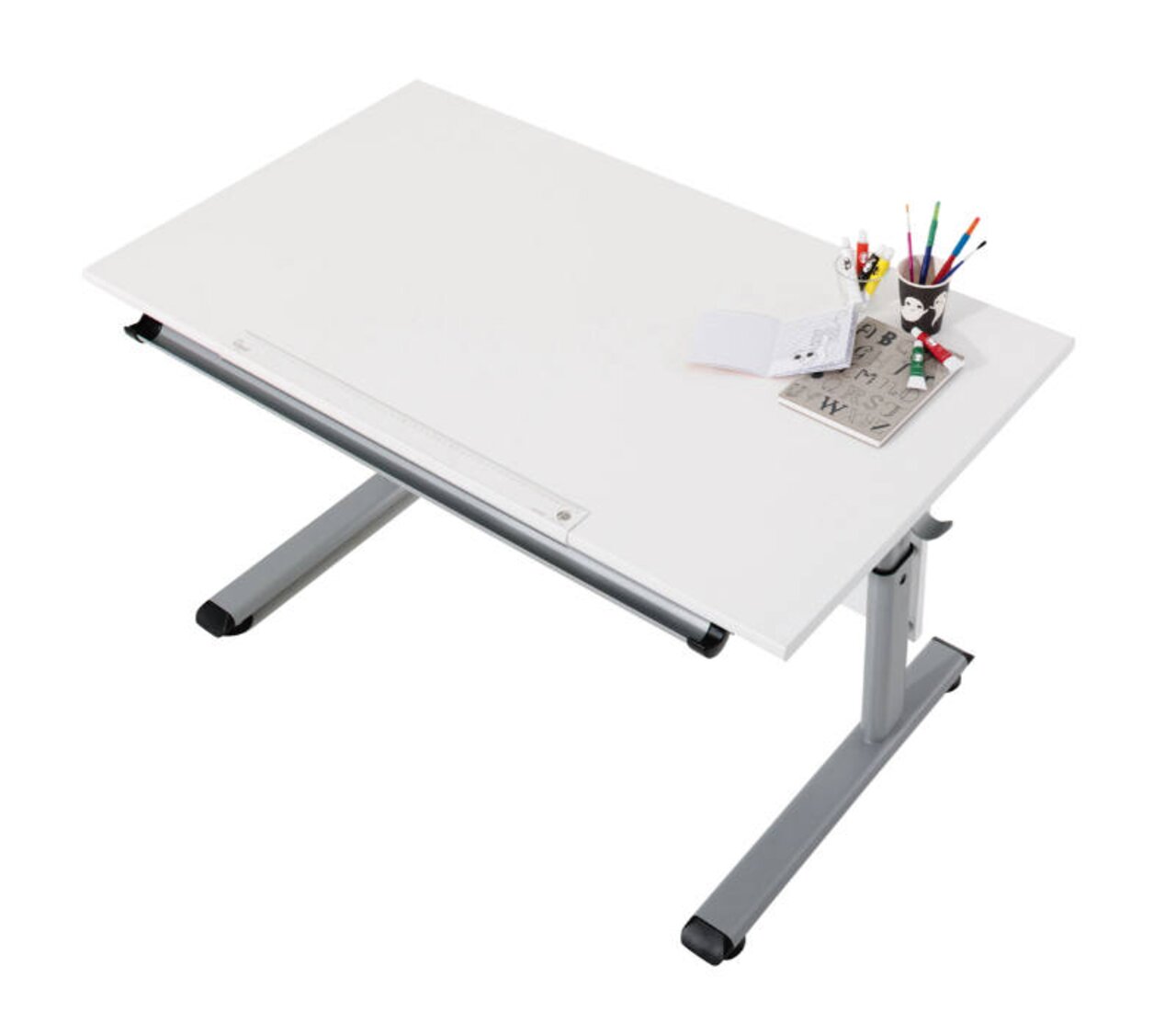 Paidi Schreibtisch MARCO2 Moderner weißer Schreibtisch mit höhenverstellbaren Beinen, von oben fotografiert, mit Schreibutensilien und Notizbuch.