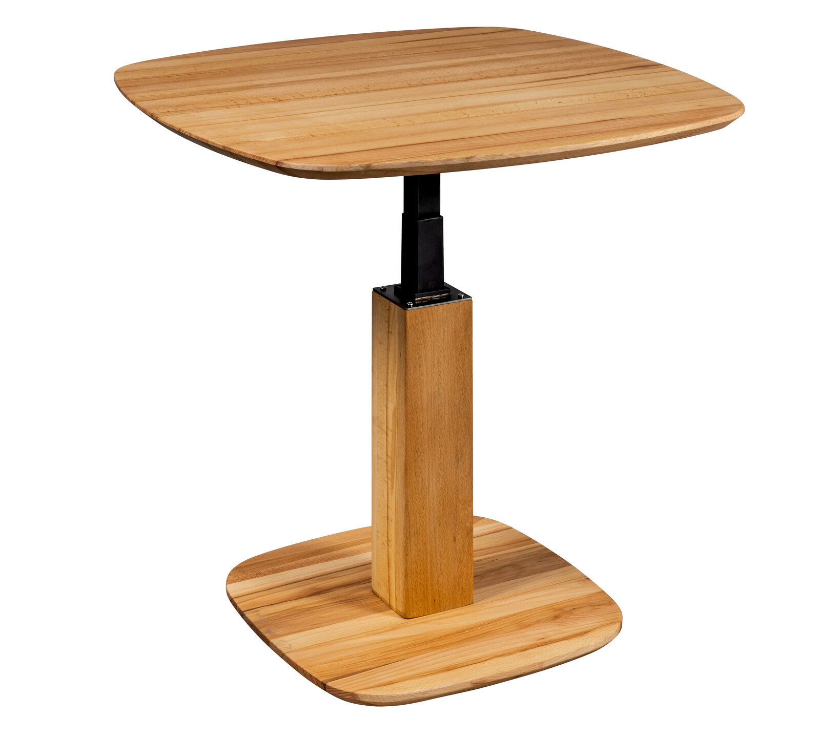 Moderner Couchtisch aus Holz mit quadratischer Tischplatte und verstellbarem Metallgestell, seitliche Perspektive