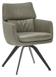 Moderner Sessel mit gepolstertem Sitz und Rückenlehne in Olivgrün, auf schwarzem Metallgestell, seitliche Perspektive.