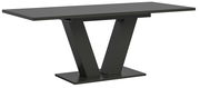 Moderner schwarzer Esstisch mit V-förmigem Gestell, seitliche Perspektive