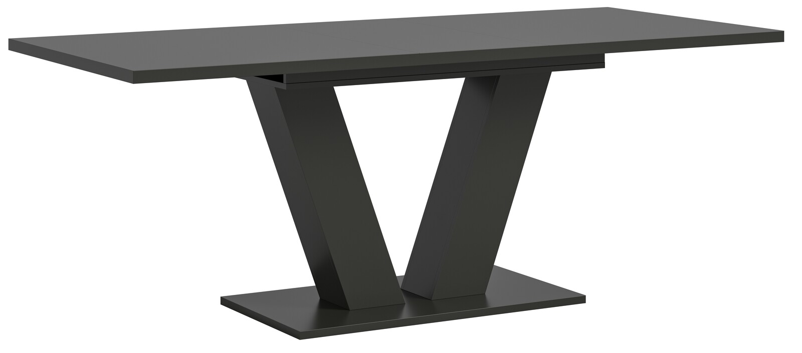 Moderner schwarzer Esstisch mit V-förmigem Gestell, seitliche Perspektive