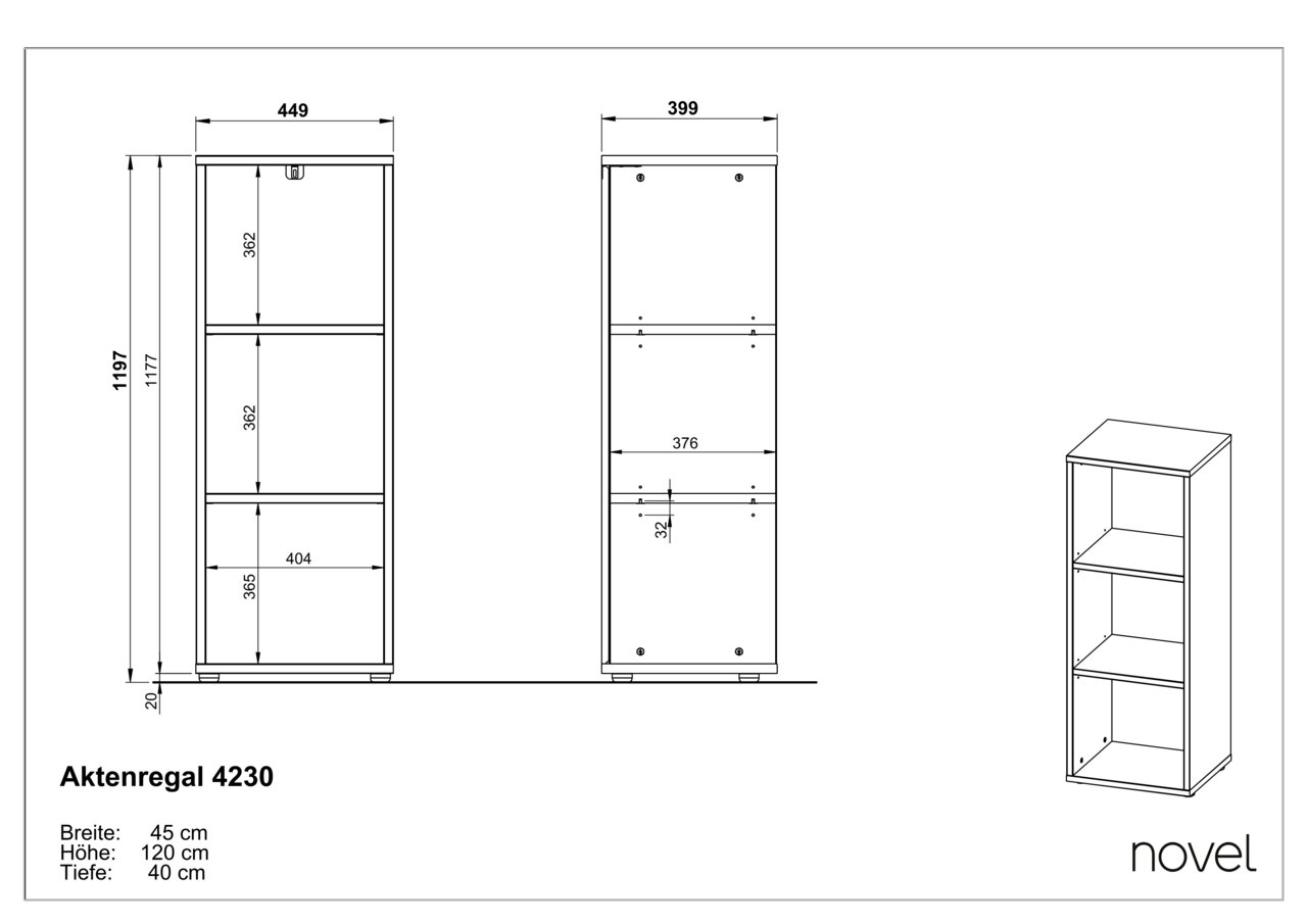 Tekening van een smal archiefrek met drie open vakken, vooraanzicht en zijaanzicht, perspectivische weergave rechts.