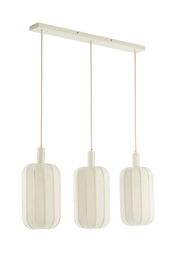 Dreifache Hängeleuchte mit weißen, textilen Lampenschirmen, frontal betrachtet.