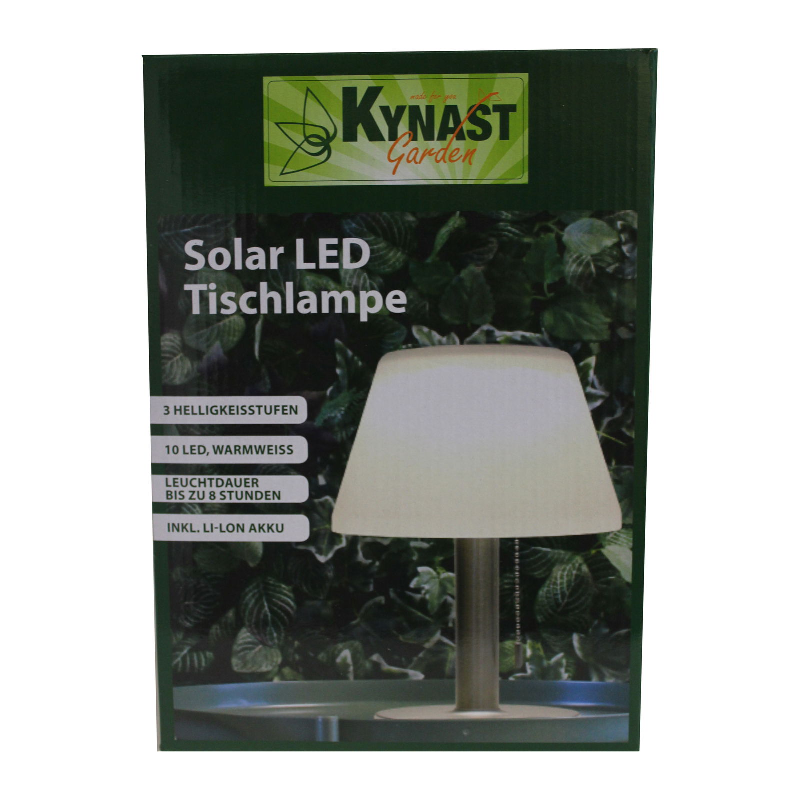 Kynast Exclusive Solar Tischleuchte Verpackung der Solar LED Tischlampe mit 3 Helligkeitsstufen, 10 warmweißen LEDs und einer Leuchtdauer von bis zu 8 Stunden, inklusive Li-Ion Akku. Frontalansicht.