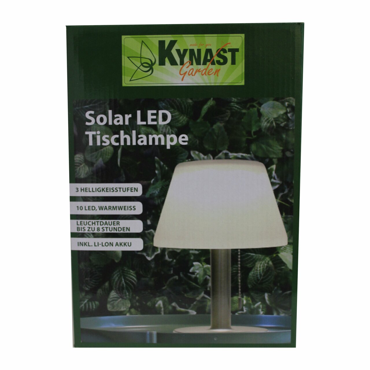 Verpakking van de Solar LED-tafellamp met 3 helderheidsstanden, 10 warmwitte leds en een brandduur tot 8 uur, inclusief Li-ion-accu. Vooraanzicht.