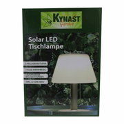 Verpakking van de Solar LED-tafellamp met 3 helderheidsstanden, 10 warmwitte leds en een brandduur tot 8 uur, inclusief Li-ion-accu. Vooraanzicht.