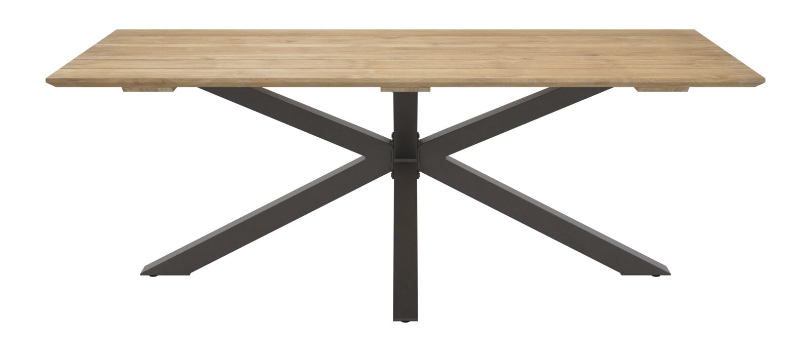 Rechteckiger Esstisch mit heller Holzplatte und schwarzem Metall-X-Gestell, Frontansicht auf neutralem Hintergrund.