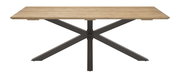 Rechteckiger Esstisch mit heller Holzplatte und schwarzem Metall-X-Gestell, Frontansicht auf neutralem Hintergrund.