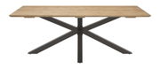 Rechteckiger Esstisch mit heller Holzplatte und schwarzem Metall-X-Gestell, Frontansicht auf neutralem Hintergrund.