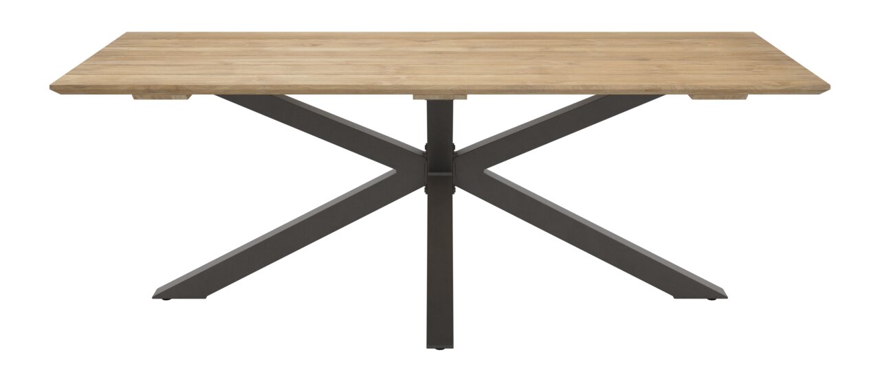Rechteckiger Esstisch mit heller Holzplatte und schwarzem Metall-X-Gestell, Frontansicht auf neutralem Hintergrund.