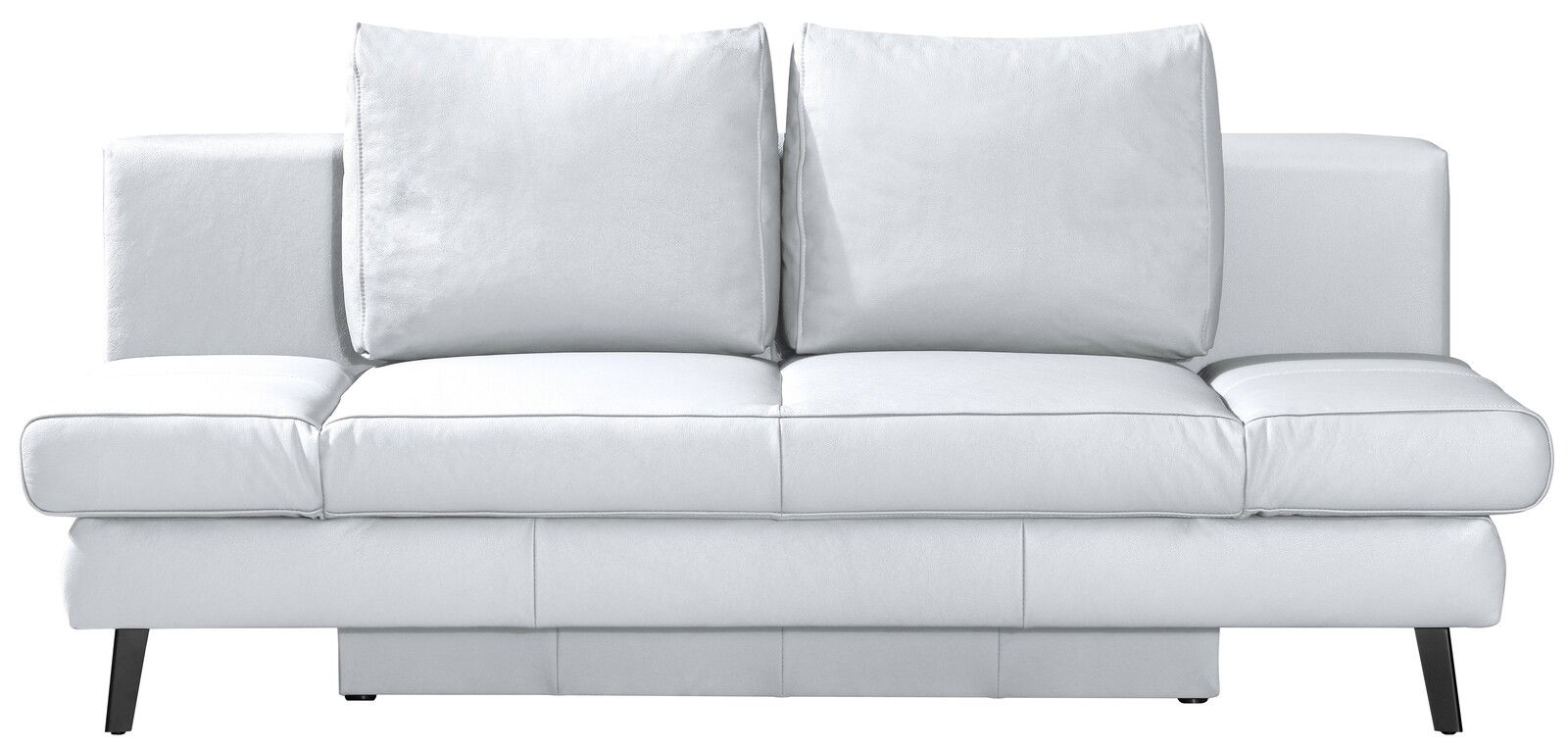 Weißes Querschläfer-Sofa mit zwei großen Rückenkissen, frontal betrachtet.